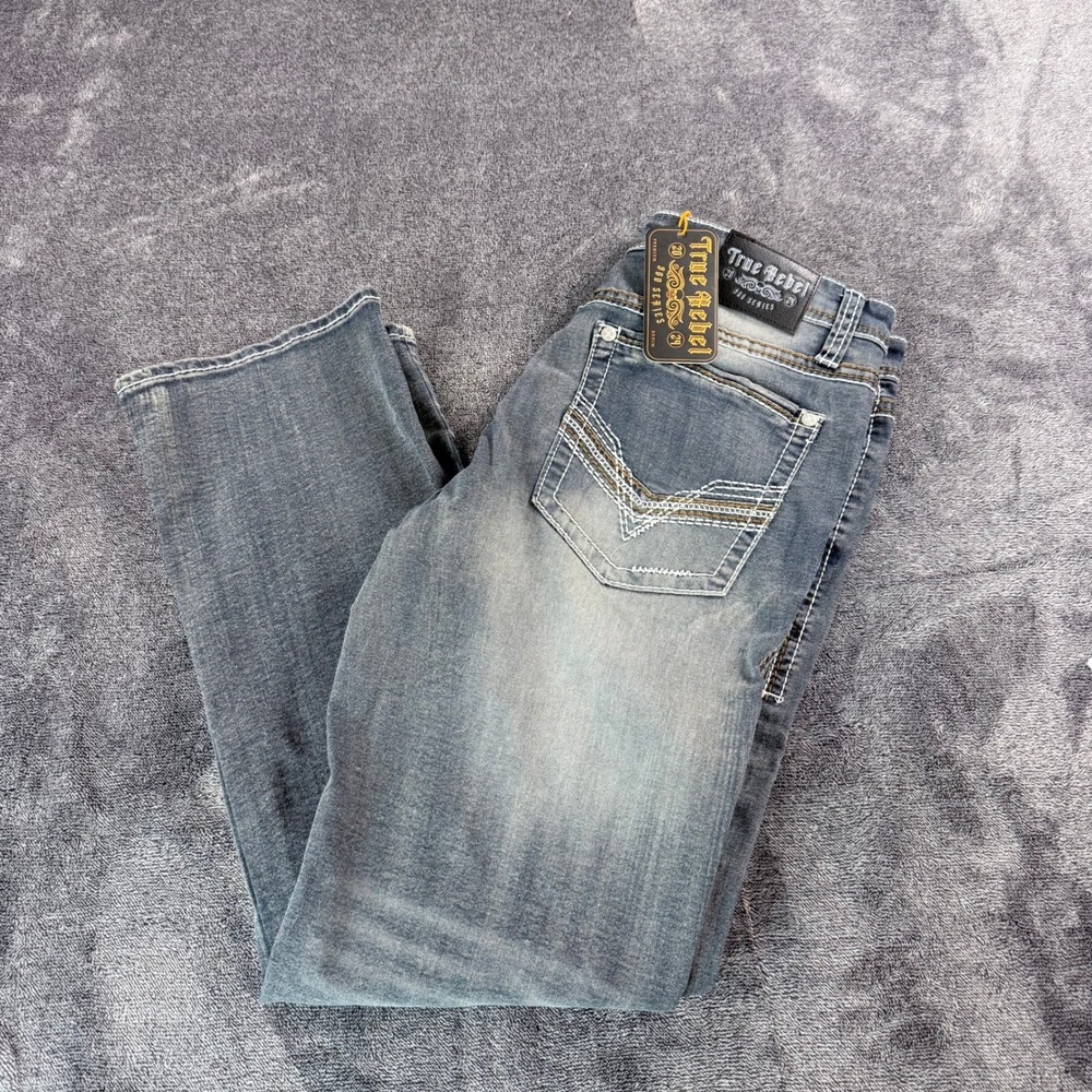 True Rebel 805 Straight Fit Jeans Mens 36x32 Blue Thick Stitch Denim STARK